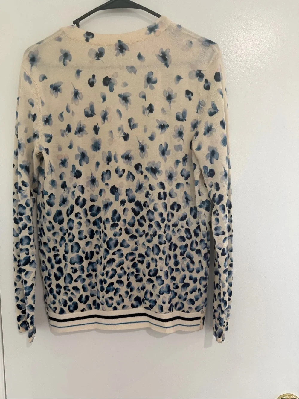 Tory Burch Blue White Floral Leopard Cardigan Sweater Quiet Luxury Preppy Sz S